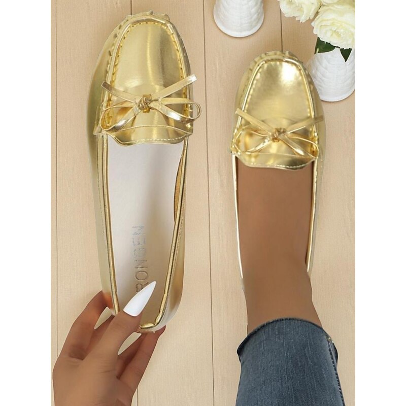 Women's Gold Metallic Bow Moccasins – Comfortable Slip-On Loafers, Casual and Dressy Flat Shoes for Ladies, Perfect for Parties, Travel, and Daily Wear4