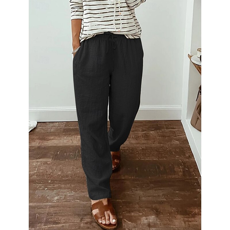 Women's Cotton Linen Pants Pants Trousers Streetwear Casual Long High Waist Plain Pocket Elastic Drawstring Design High Cut Breathability Soft Micro-elastic Street Daily Wear Black White Blue Dark4