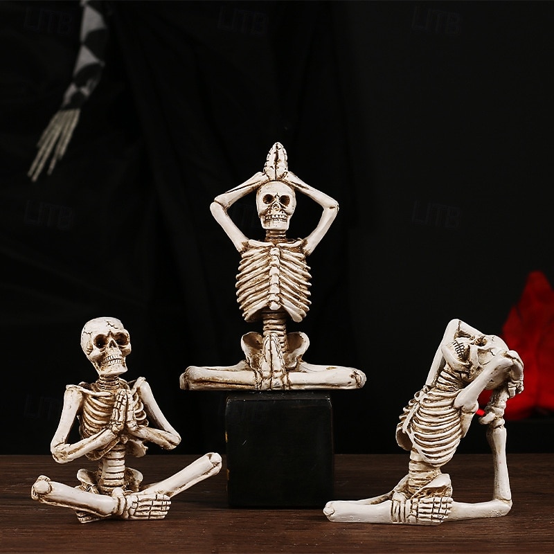 Halloween Resin Figurine Yoga Skeleton Statue Spooky Resin Decoration for Halloween Garden Party Tabletop Ornament Creepy Holiday Decor Haunted House Display Accessory