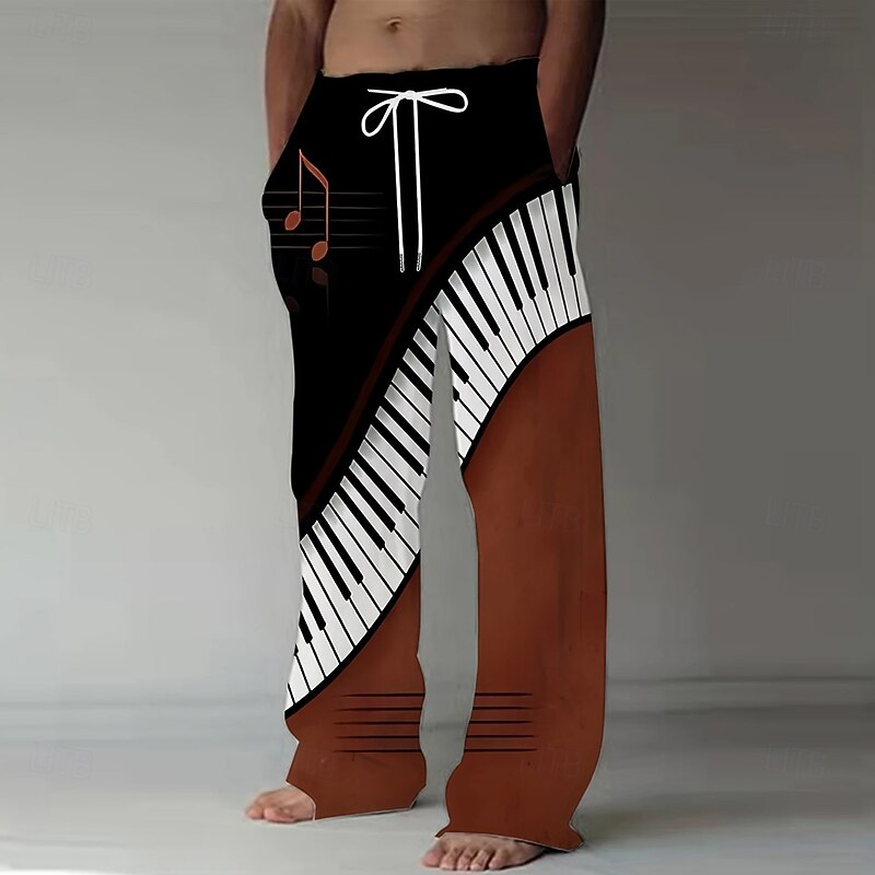 Men's Piano Musical Notes Swirl Trousers Baggy Pants Casual Pants Mid Waist Vintage Retro Outdoor Vacation Elastic Drawstring Waist Linen-Like Pants with Pockets Summer Spring 3D Print Black White3