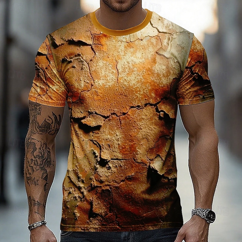 Men's Optical Illusion 3D T Shirt Short Sleeve T shirt 3D Print Crew Neck Shirt Exaggerated Retro Vintage Vintage Retro Party Street Casual Yellow Brown Green Summer Spring All Seasons Clothing