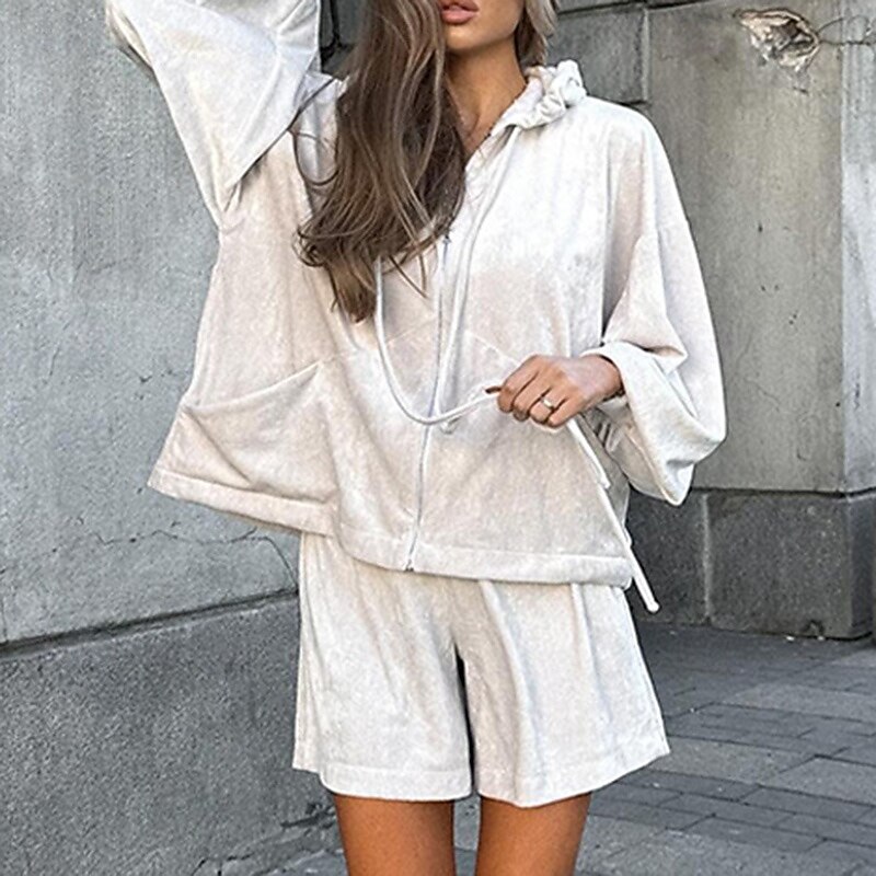 Women's Tracksuit Zip Up Hoodie Track Shorts Drawstring Pocket Solid Colored Clothing Suit Spring Apricot Gym Training Running High Waist Windproof Lightweight Moisture Wicking Long Sleeve Sport2