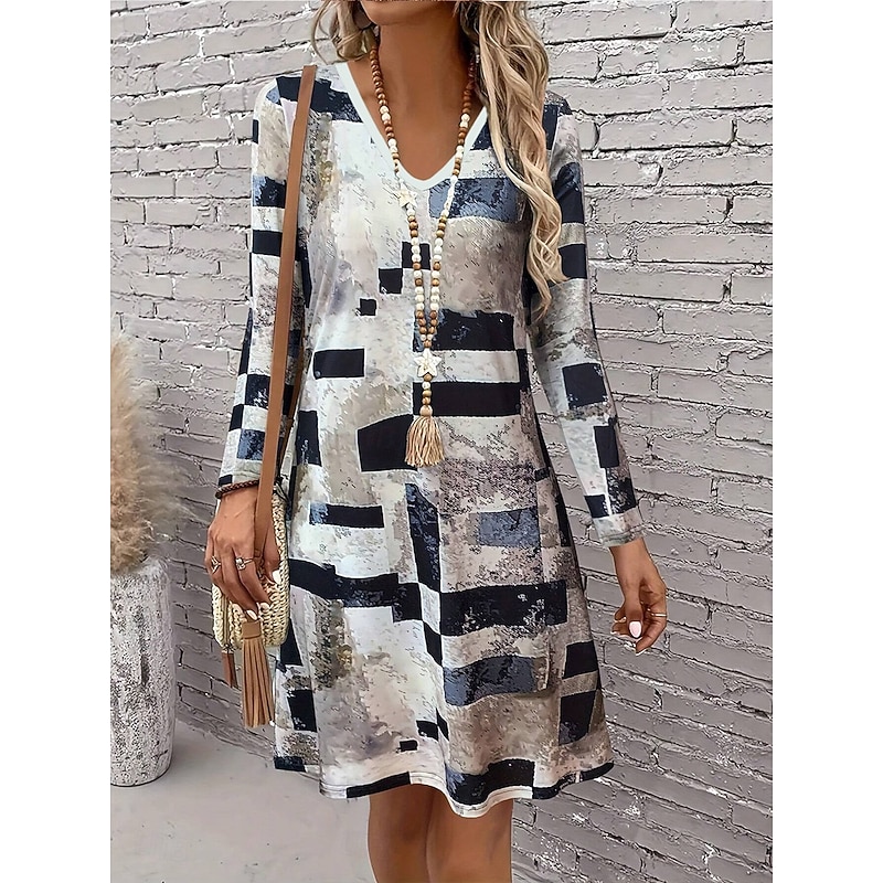 Women's Mini Dress Casual Dress Sundress A Line Dress Stylish Casual Regular Fit Graphic Geometric Long Sleeve V Neck Ice Blue Yellow Wine Dusty Blue Spring Fall - Main Image