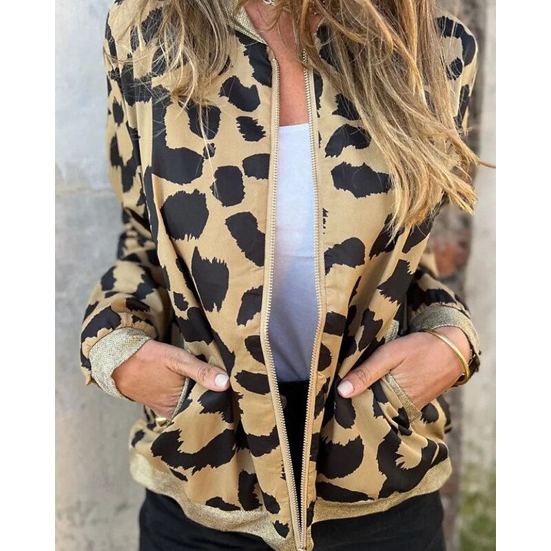 Women's Casual Jacket Warm Comfortable Zipper Pocket Fashion Outdoor Leopard Going out Weekend Zipper Regular Stand Collar Regular Fit Long Sleeve Outerwear Yellow Fall Winter