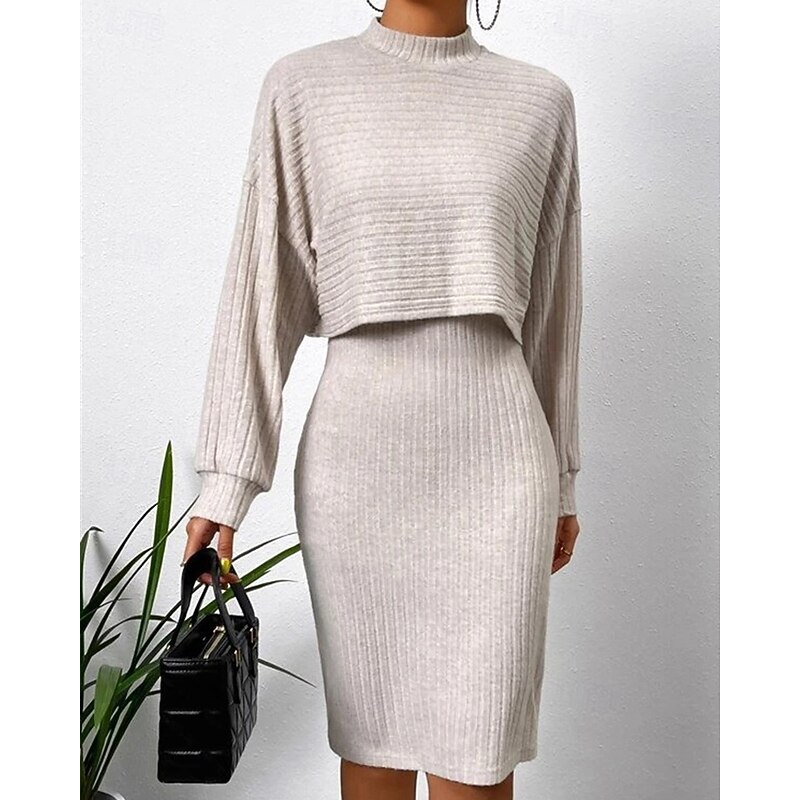 Women's Dress Set Slip Dress Casual Semi Formal Plain Design Mini Dress Long Sleeve Crew Neck Outdoor Date Black Sky Blue Apricot Spring Fall Regular Fit