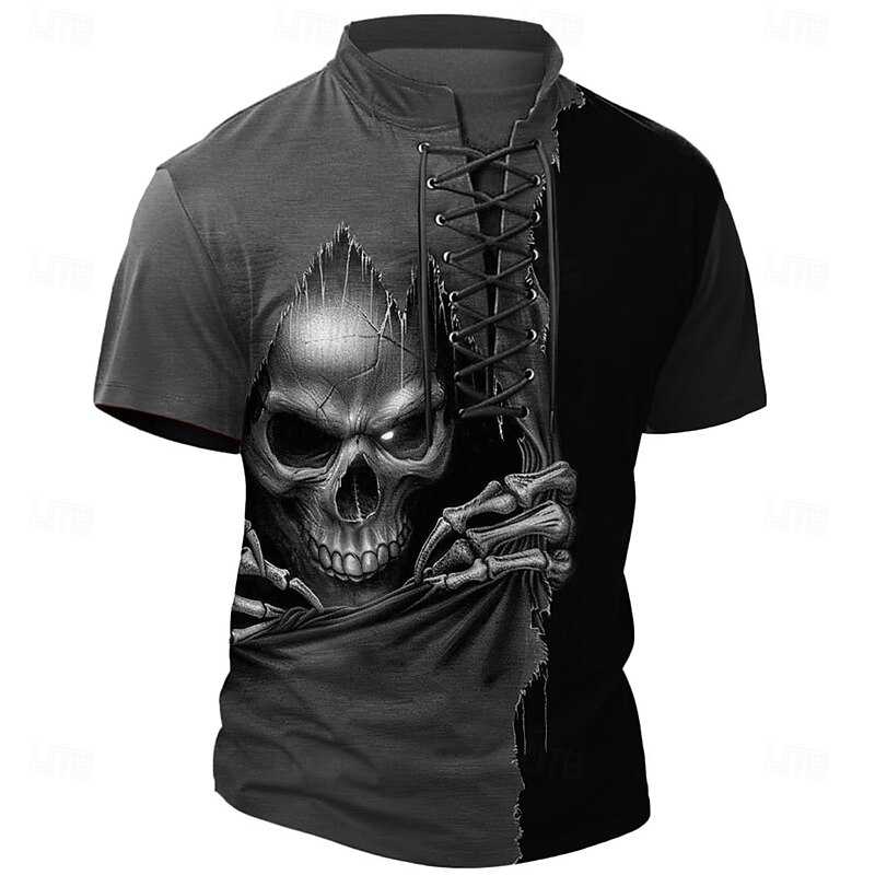 Halloween Men's Grim Reaper Reaper Henley Shirt T shirt Tee Short Sleeve T shirt 3D Print Crew Neck Stand Collar Lace Up Neck Shirt Casual Street Sports Outdoor Casual Black Blue Brown Summer Spring