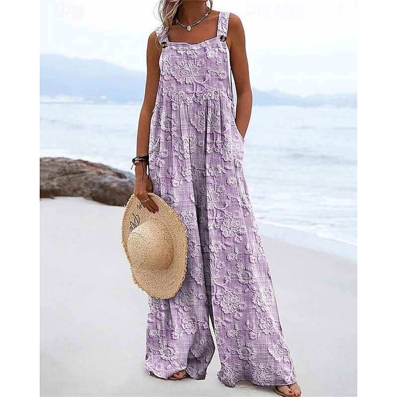 Women's Normal Jumpsuit Streetwear Floral Sleeveless Wide Leg V Neck Pocket Print Street Daily Regular Fit Blue Purple Khaki Summer3