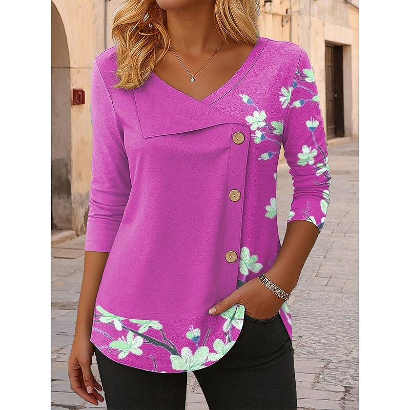 Women's Blouse Tunic V Neck Long Sleeve Buttons Floral Graphic Vintage Tropical Stylish Regular Tops Daily Patchwork Print Pink Blue Purple Green Spring Fall Winter Prefall4