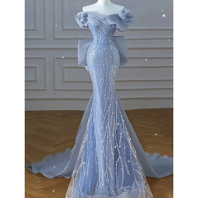 Mermaid / Trumpet Party Dresses Elegant Dress Wedding Wedding Guest Sweep / Brush Train Sleeveless Off Shoulder Tulle with Sequins Bow