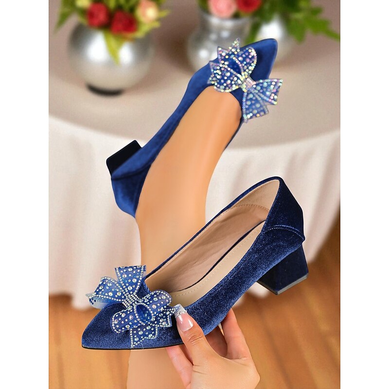 Women's Blue Velvet Block Heel Pumps with Rhinestone Bow - Elegant Vintage Square Toe Heels for Evening Parties, Weddings, and Formal Occasions