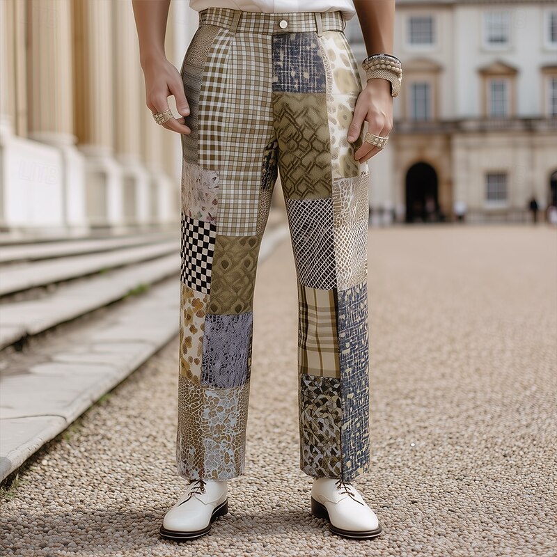 Men's Color Block Patchwork Dress Pants Trousers Suit Pants Mid Waist Ethnic Vintage Retro Outdoor Vacation Regular Fit Flat-Front Straight Leg Pants with Pockets Summer Spring Fall 3D Print Wine Red2