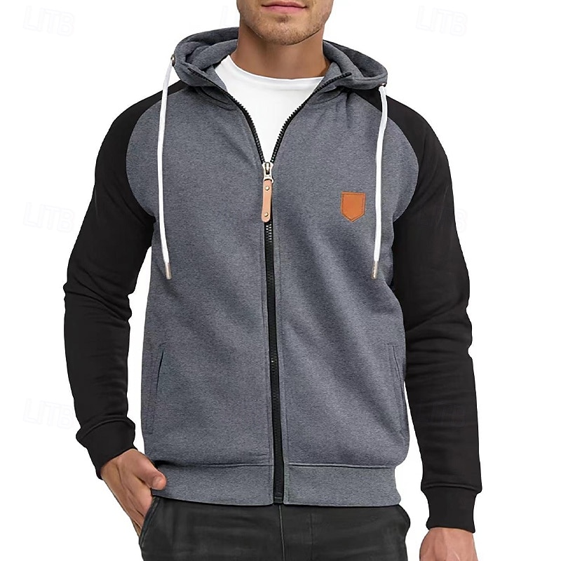 Men's Hoodie Full Zip Hoodie Fleece Hoodie Black Navy Blue Camel Light Grey Dark Gray Hooded Plain Patchwork Color Block Sports & Outdoor Casual Daily Streetwear Cool Sportswear Spring &  Fall