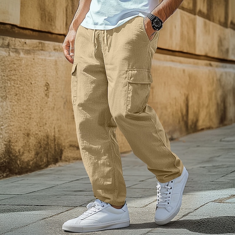 Men's Trousers Summer Pants Beach Pants Gauze Pants Elastic Waist Drawstring Multi Pocket Plain Comfort Soft Full Length Outdoor Daily Holiday Fashion Classic Style Black White Micro-elastic