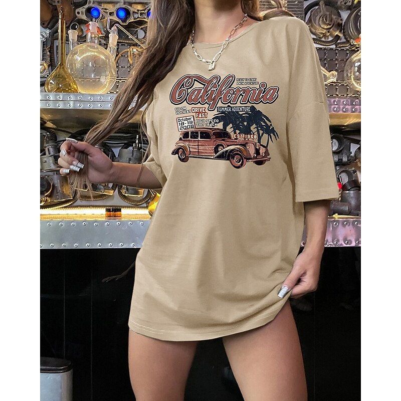 Women's T Shirt Letter Fashion Modern Short Sleeve Crew Neck Regular Tops Daily Print Black Khaki Gray Summer