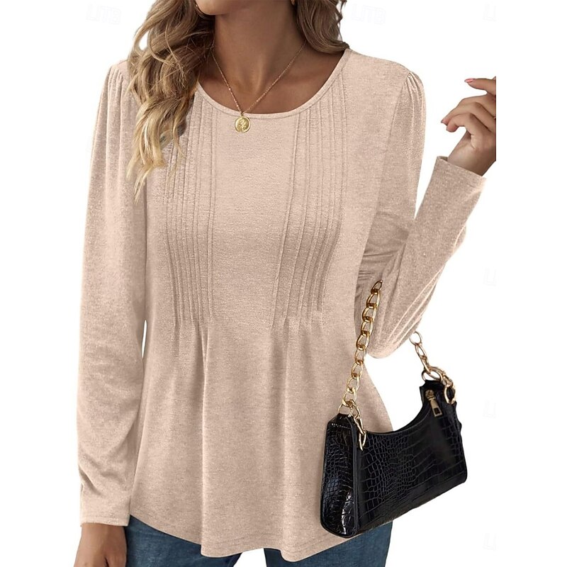 Women's Blouse Solid Color Stylish Casual Long Sleeve Crew Neck Regular Tops Daily Ruched Black Red Purple Brown Beige Summer Spring Fall4