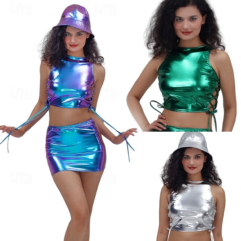 Metallic 1980s Shiny Latex Patent Crop Top Halter PU Leather Solid Color Fancy Dress Women's Carnival Costume Carnival Masquerade Party Pride Parade Pride Month Adults' Top
