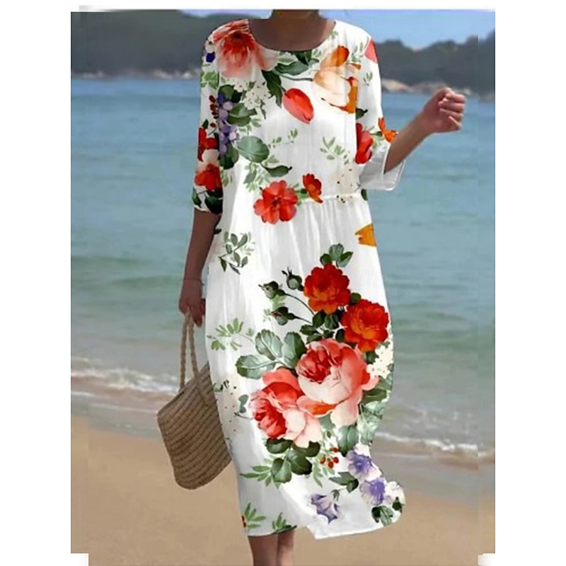Women's Midi Dress Casual Dress Print Dress Fashion Modern Daily Beach Weekend Regular Fit Floral Butterfly 3/4 Length Sleeve Crew Neck White Red Blue Khaki Summer Spring Fall Autumn3