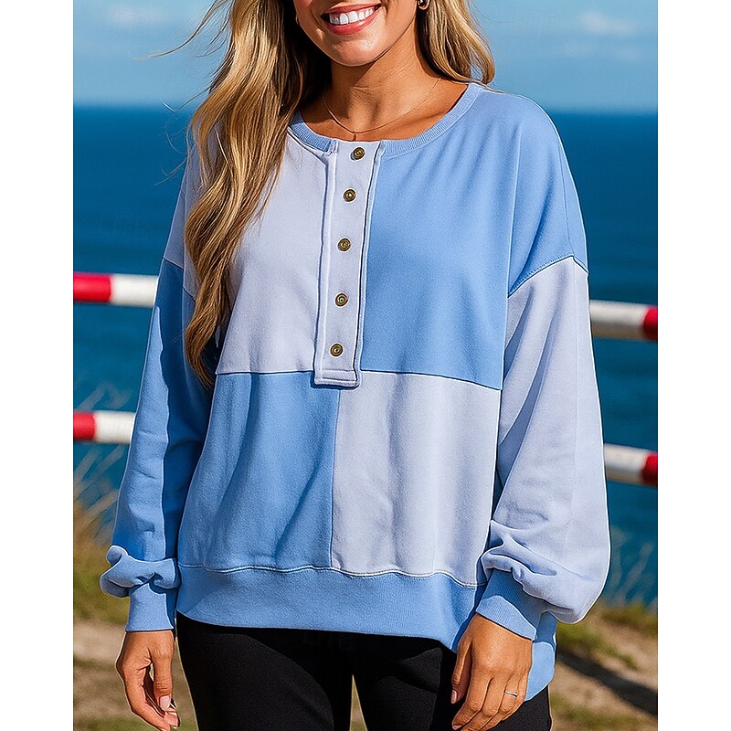 Women's Pullover Sweatshirt Casual Tops Buttons Long Sleeve Top Athleisure Fall Color Block Breathable Outdoor Jogging Running Sportswear Activewear Black Pink Blue4
