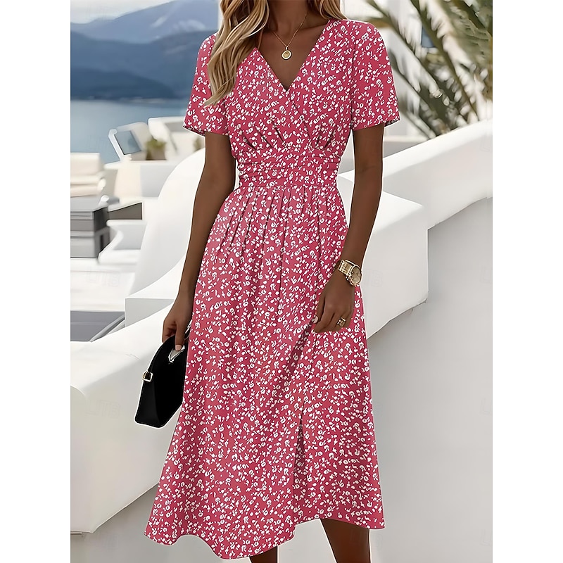 Women's Elegant Midi Dress A Line Dress Wrap Dress V Neck Short Sleeve Dress Sundress Regular Fit Floral Graphic Polka Dot Yellow Red Blue Purple