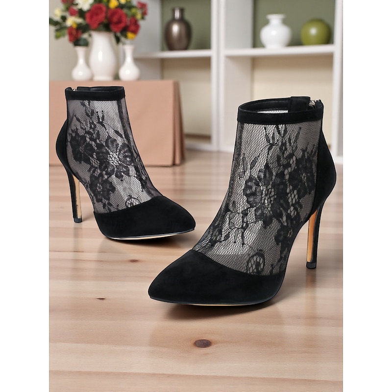 Women's Black Lace Mesh Stiletto Ankle Boots – Elegant Pointed Toe Heels for Evening Party, Casual Gathering, or Formal Occasions