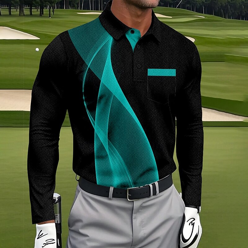 Men's Geometric Golf Polo Sports Polo Shirts Long Sleeve Polo Shirts Collared Shirts Sportswear Business Casual Athleisure Daily Wear Pocket 3D Print Buttons Spring Fall White Red Blue3