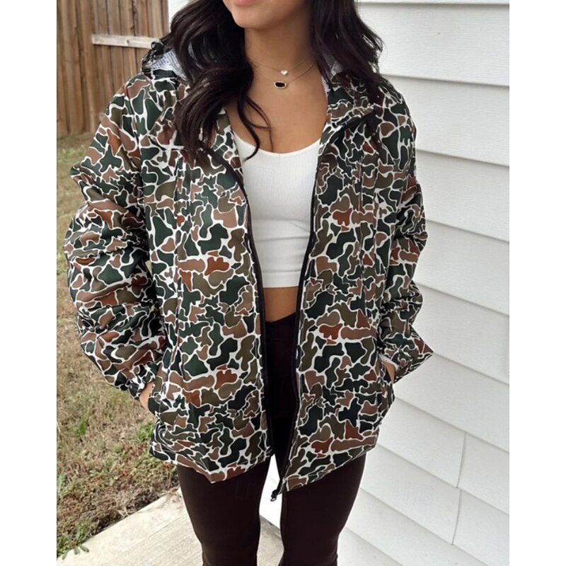 Women's Zip Up Hoodies Camouflage Casual Long Sleeve Hooded Regular Tops Street Going out Zipper Pocket Green Fall Winter2