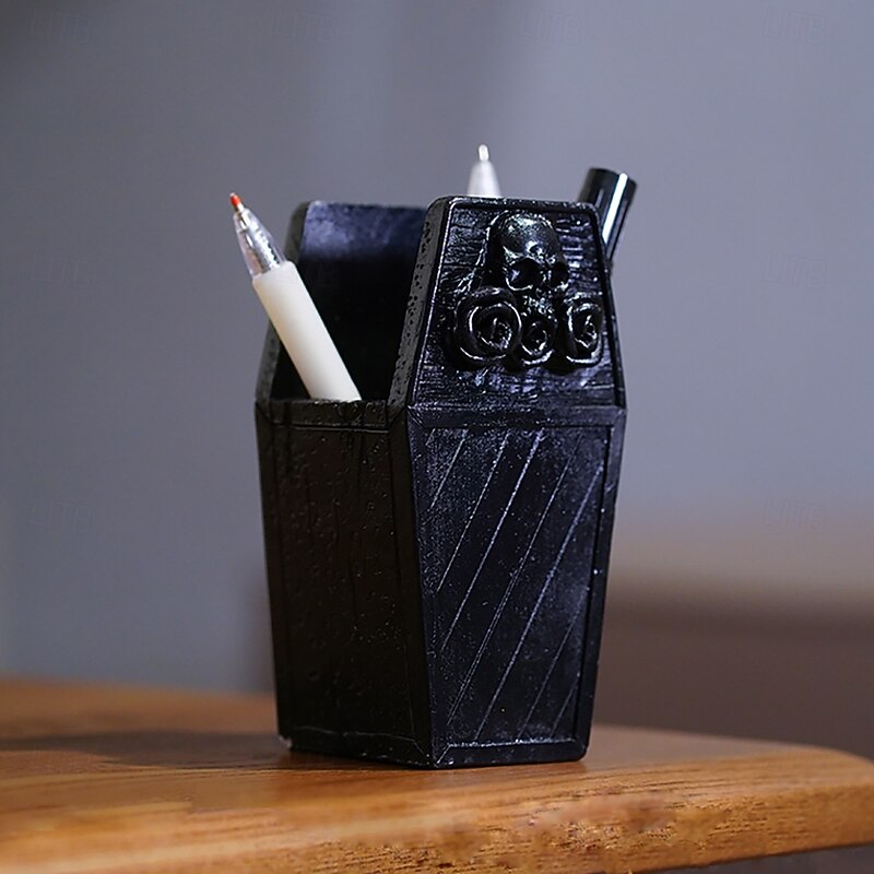 Halloween Pen Holder Gothic Skull Coffin Desk Organizer for Makeup Brushes Tools Stationery Desktop Storage Tube Unique Spooky Office Decoration for Home Decor2