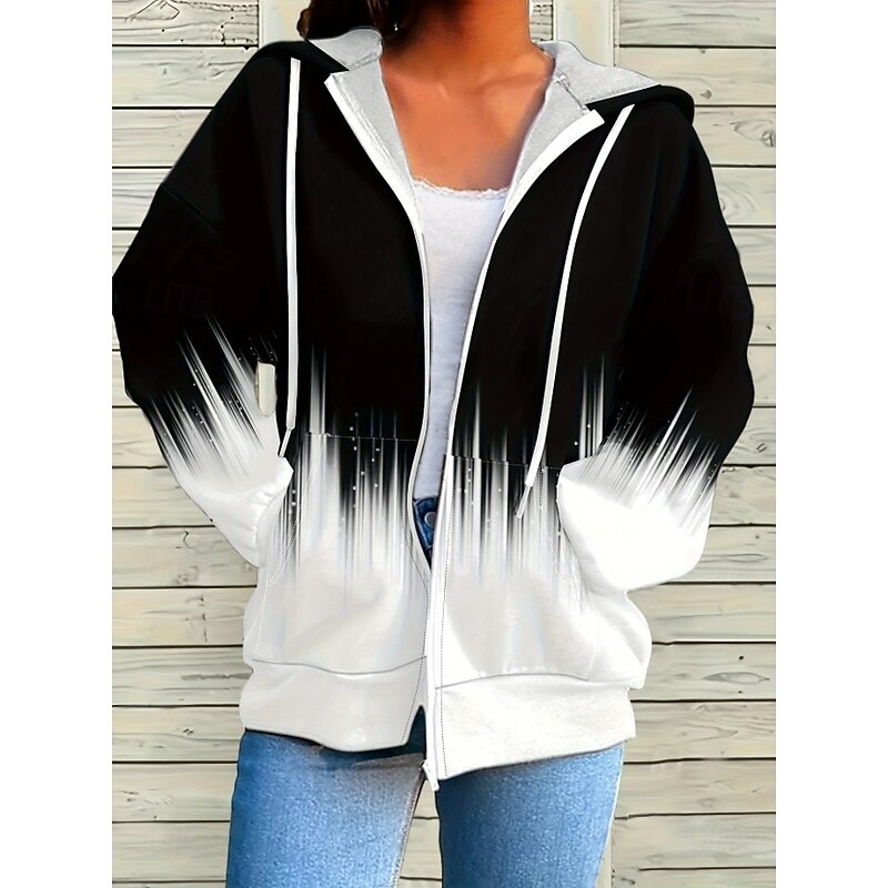 Women's Hooded Sweatshirt Jacket Long Sleeve Zip Up Hoodie With Pocket Lightweight Casual Graphic Geometric Striped Tops Street Dailywear Pocket Print Black Fuchsia Spring Fall