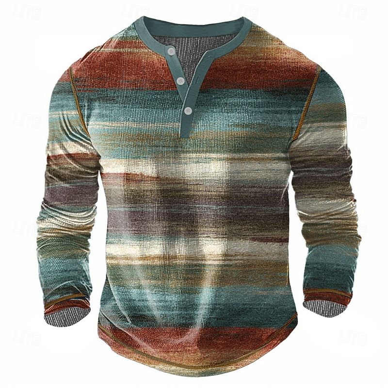 Men's Striped Henley Shirt Waffle T Shirt Long Sleeve Vintage Daily Retro Vintage Sports Outdoor Casual Holiday Spring & Summer All Seasons Blue Green Purple khaki Henley Henley T-Shirt