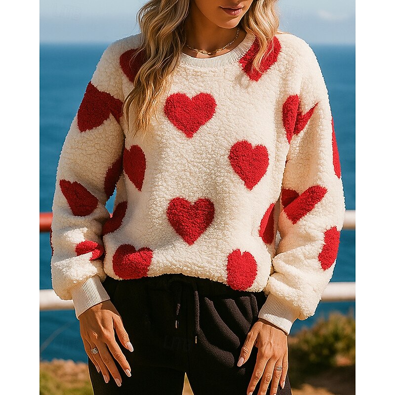 Women's Fleece Sweatshirt Pullover Sweatshirt Long Sleeve Top Athleisure Fall Heart Fashion Warm Outdoor Jogging Running Sportswear Activewear Black Red Coffee3