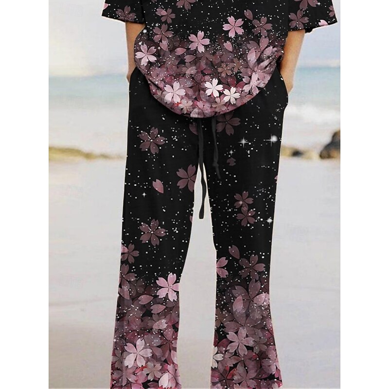 Women's Active Fashion Pants Sets 3/4 Length Sleeve Crew Neck Floral Print Vacation Daily Holiday Black Summer Regular Fit3