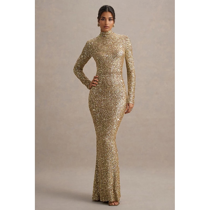Gold Stretch Sequin Mermaid / Trumpet Evening Gown Elegant Dress Formal Wedding Floor Length Long Sleeve Mock Neck with Glitter