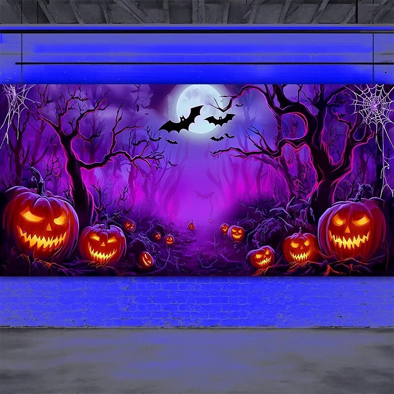 Halloween Garage Door Cover Neon Pumpkins in Spooky Forest Banner, Glowing Blacklight Backdrop Decoration for Holiday Outdoor Garage Door and Home Wall, 2025 Halloween Decorations