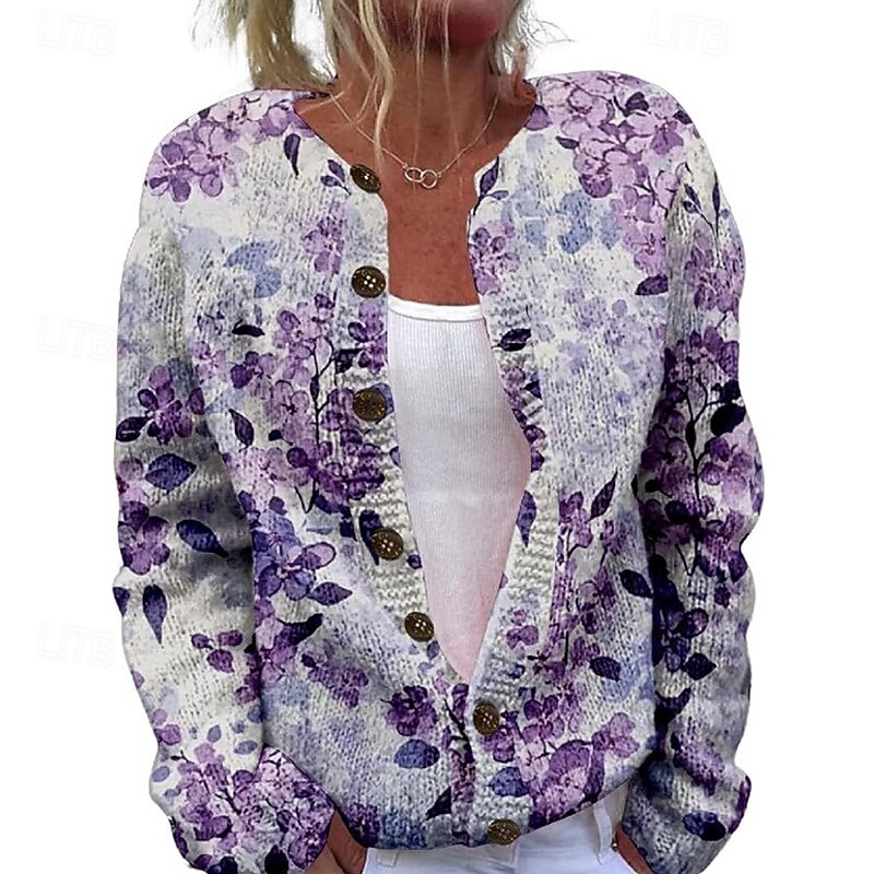Women's Sweater Cardigan Fashion Streetwear Daily Floral Ribbed Open Front Knitted Print Long Sleeve Long Tops Knit Holiday Going out Weekend White Purple Fall Winter