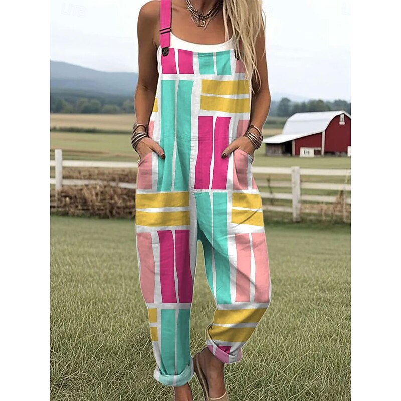 Women's Dungarees Active Graphic Sleeveless Straight Drawstring Vacation Daily Loose Fit Pink Blue Orange Summer