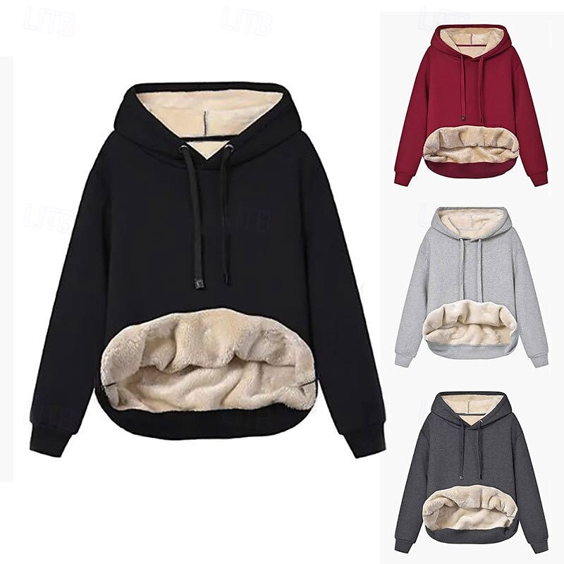 Women's Fleece Lined Pullover Sweatshirt Pajamas Pullover Hoodie Sweatshirt Plain Casual Long Sleeve Hooded Regular Tops Street Holiday Going out Patchwork Black Wine Light Grey Dark Gray Fall Winter
