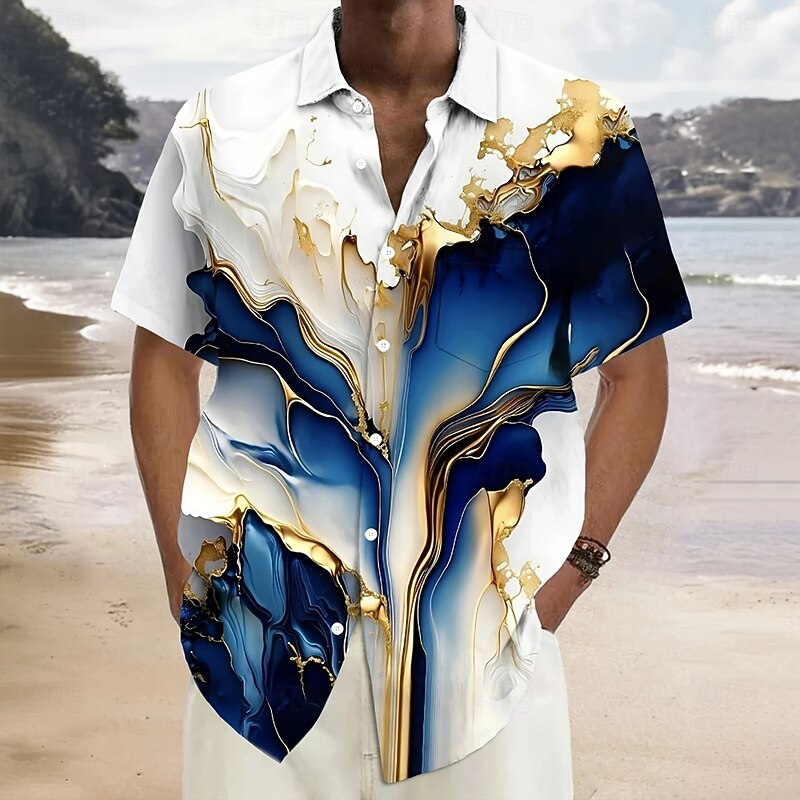 Men's Gradient Waves Marble Shirt Summer Shirt Button Up Shirt Short Sleeve Fashion Casual Outdoor Vacation Dailywear Summer Spring Turndown 3D Print Collared Shirts Front One Pocket White