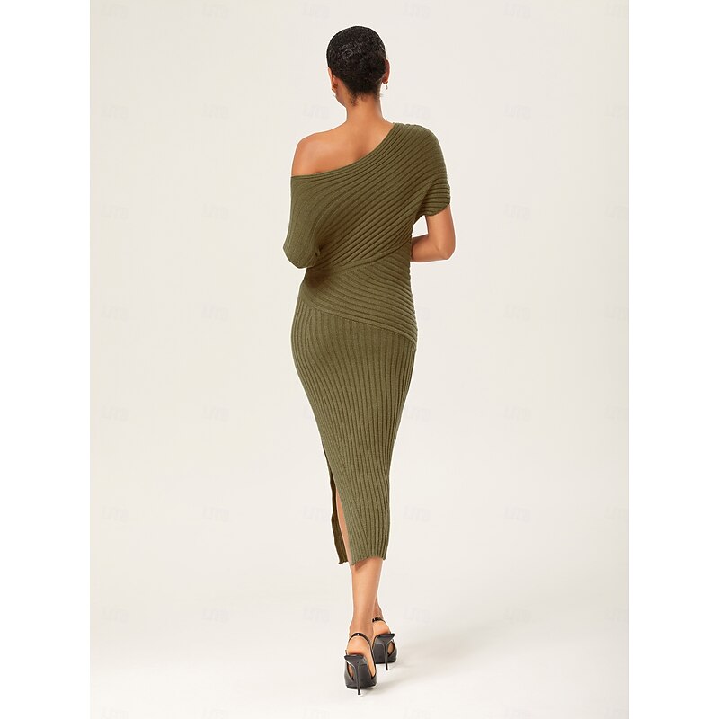 Olive Green One-Shoulder Knitted Bodycon Maxi Dress3