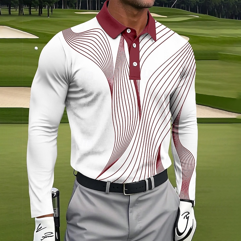 Men's Geometic Line Polo Long Sleeve Polo Shirts Collared Shirts Sportswear Casual Outdoor clothing Daily Wear 3D Print Spring Fall Winter Black Red Blue3