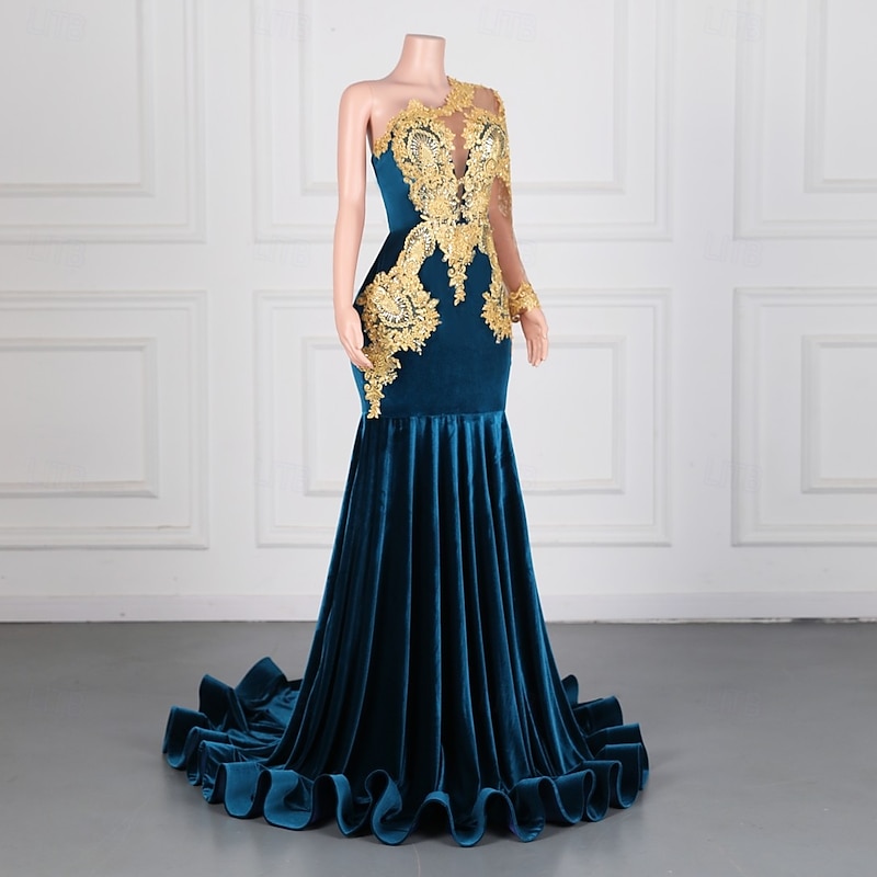 Mermaid / Trumpet Evening Gown Elegant Dress Formal Prom Sweep / Brush Train Long Sleeve One Shoulder Velvet with Pearls Appliques4