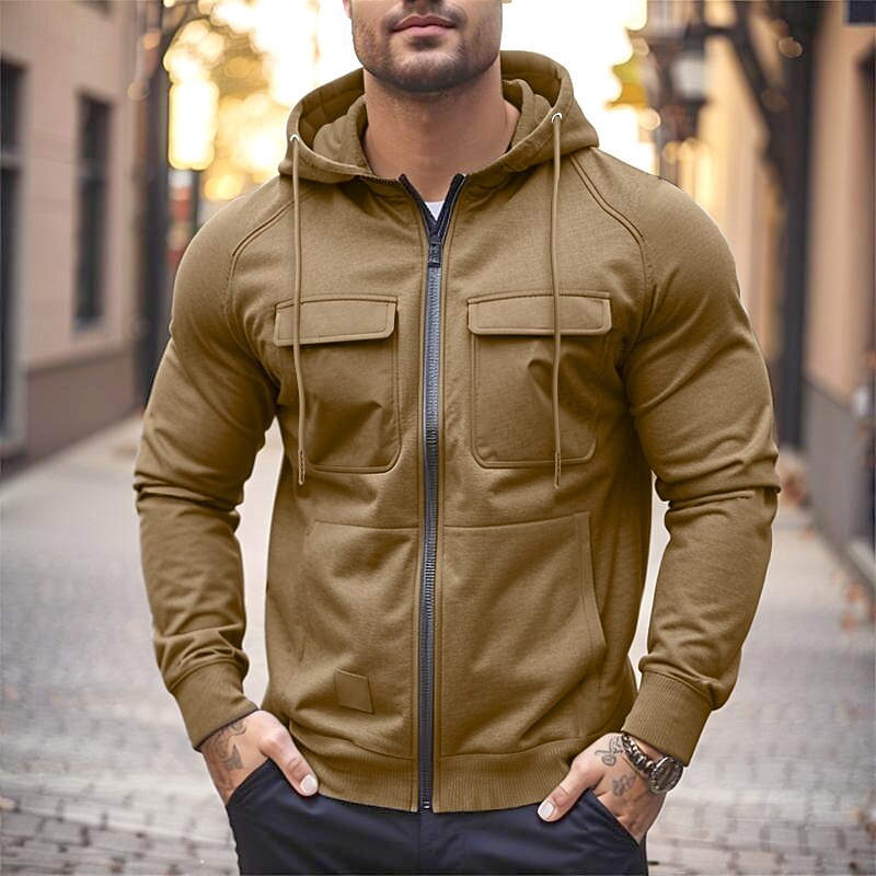 Men's Hoodie Full Zip Hoodie Wine Red Black Army Green Khaki Gray Hooded Plain Zip Up Front Pocket Tactical Sports & Outdoor Casual Streetwear Cool Sportswear Spring &  Fall Clothing Apparel Hoodies3
