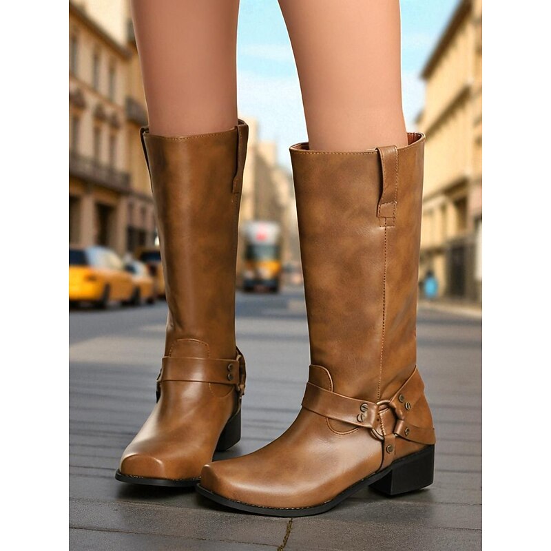 Women's Brown Western Harness Riding Boots - Faux Leather Square Toe Mid-Calf Boots with Buckle Strap, Casual Cowboy Style for Fall Streetwear and Outdoor Wear2