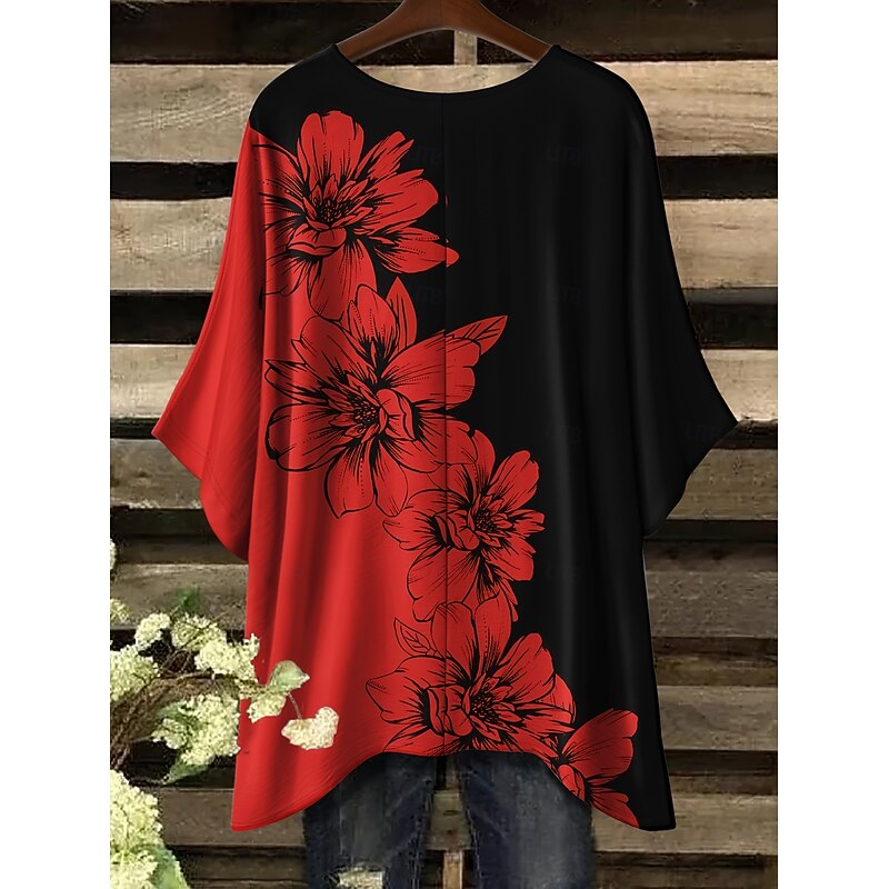 Women's Blouse Floral Graphic Elegant Vintage Daily Half Sleeve Batwing Sleeve Crew Neck Regular Tops Daily Holiday Vacation Wear Pink Red Blue Summer Spring4