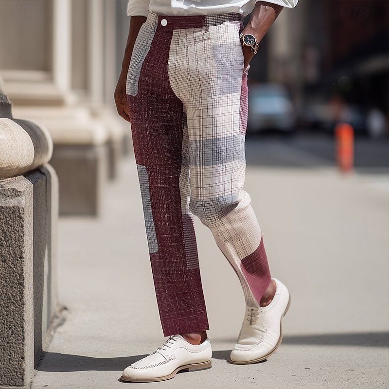 Men's Geometric Color Block Patchwork Dress Pants Trousers Suit Pants Mid Waist Vintage Retro Outdoor Vacation Regular Fit Flat-Front Straight Leg Pants with Pockets Summer Spring Fall 3D Print Wine2
