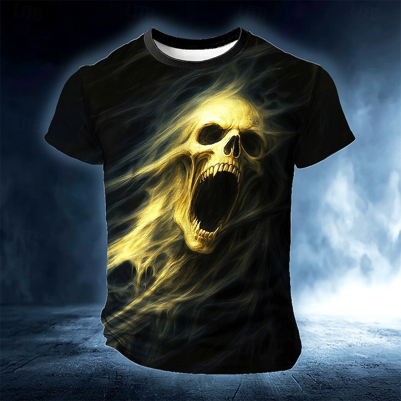 Halloween Men's Skull Optical Illusion 3D T Shirt Short Sleeve T shirt 3D Print Crew Neck Shirt Exaggerated Designer Horror Party Street Casual Yellow Blue Orange Summer Spring All Seasons Clothing