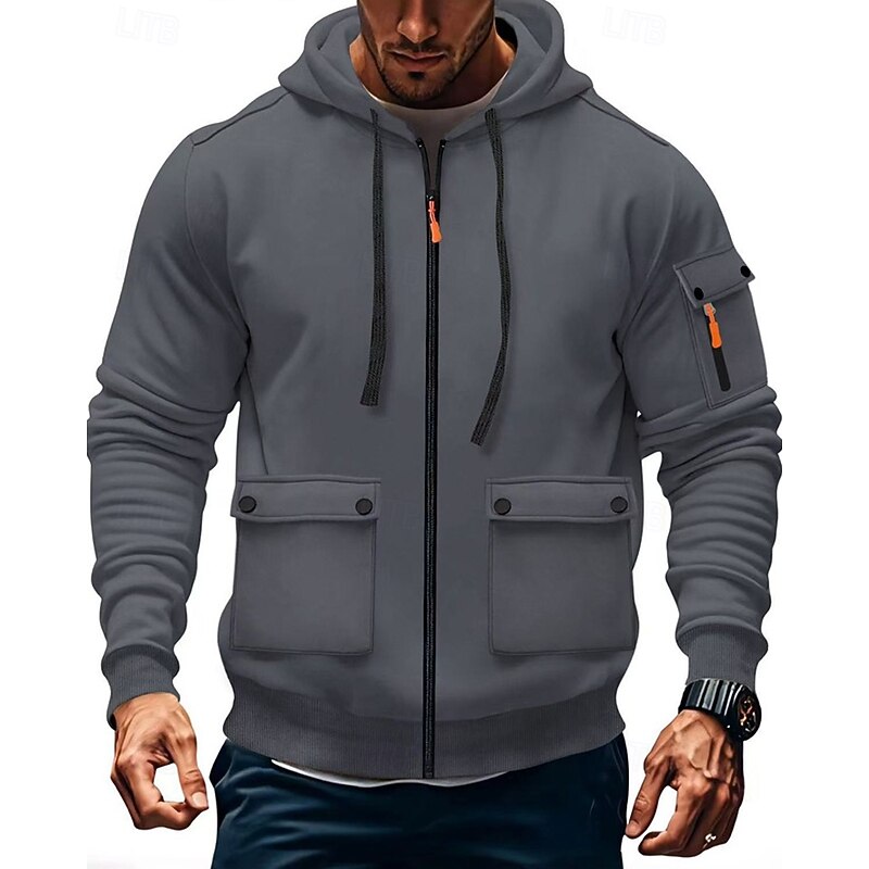 Men's Hoodie Full Zip Hoodie Black Army Green Navy Blue Khaki Light Grey Hooded Plain Pocket Sports & Outdoor Daily Holiday Polyester Streetwear Basic Casual Spring Fall Clothing Apparel Hoodies4