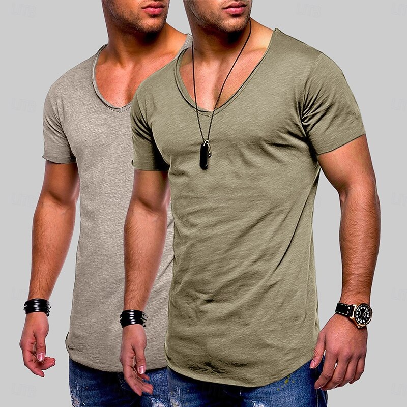 Men's T Shirt Short Sleeve V Neck Summer Solid Color Casual Esencial 2 Piece Casual Sports Dark Blue+White Black+Grey Light Grey + Army Green Top Tee for Men4