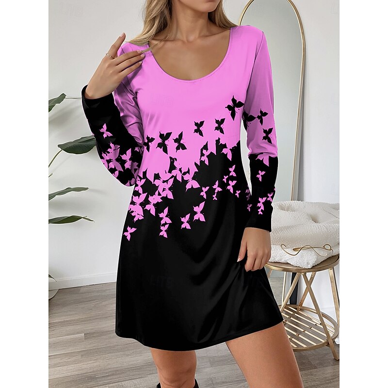 Women's Mini Dress Crew Neck Long Sleeve T Shirt Dress Tee Dress A Line Dress Casual Daily Regular Fit Graphic Butterfly White Pink Blue Purple Fall Winter4