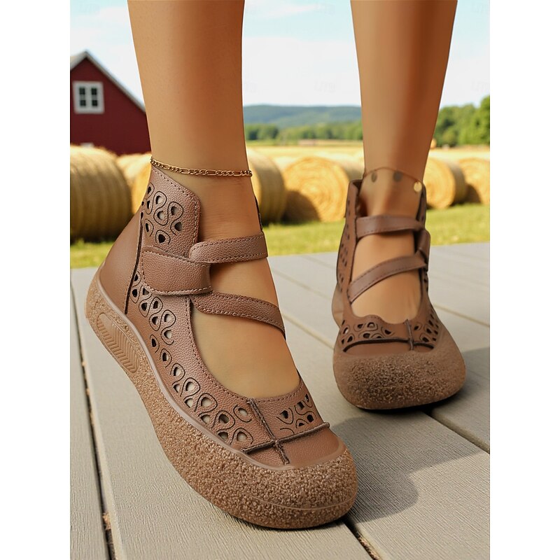 Women's Wide Fit Cutout Faux Leather Mary Jane Shoes – Comfortable Retro Casual Style for Farm Visits, Garden Strolls and Weekend Outings2