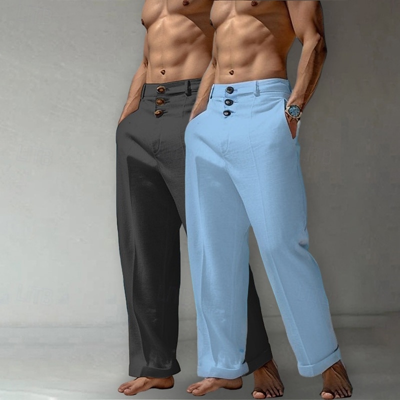 Men's Linen Pants Trousers Summer Pants Baggy Pants Beach Pants Front Pocket Straight Leg Multi-pack Plain Comfort Breathable Full Length Casual Daily Holiday Vacation Fashion White+Khaki Khaki+Black4